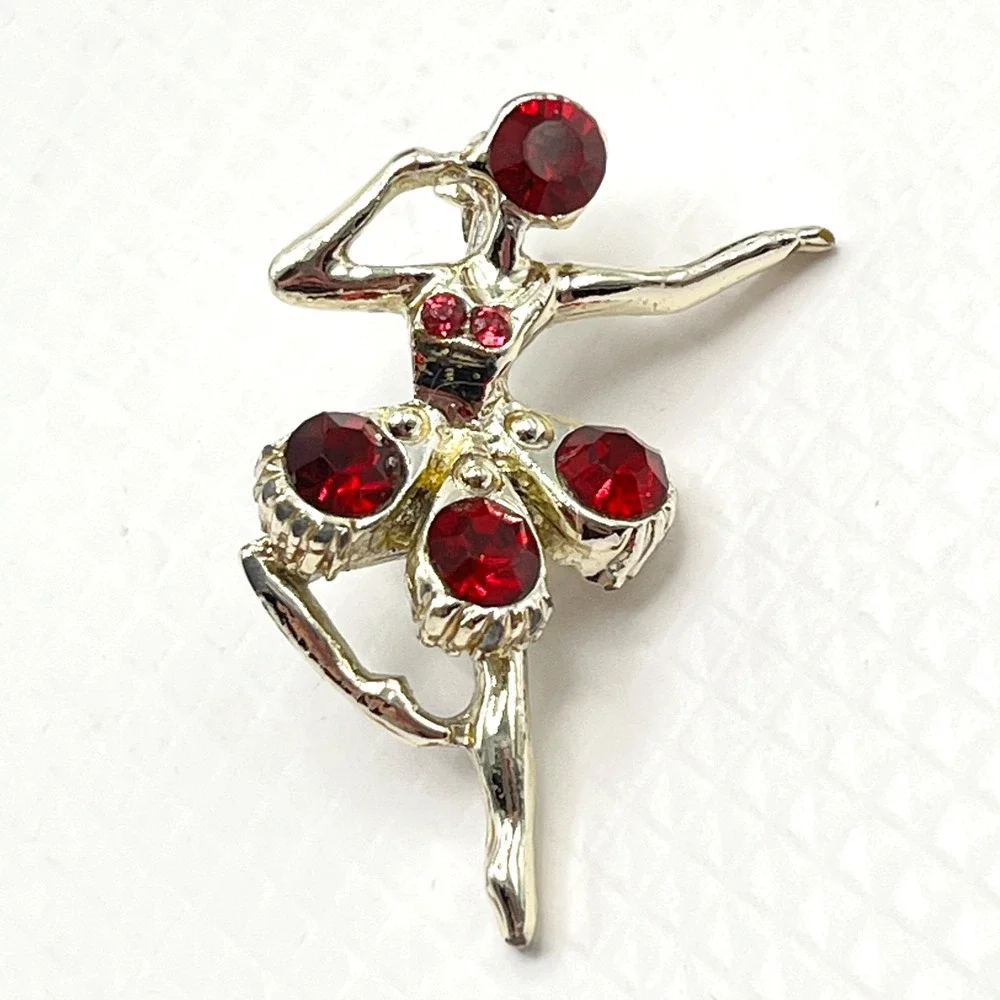 Vintage Ballerina Girl w/ Red and Pink Rhinestones Scatter Pin
